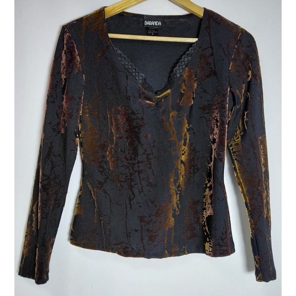 BARANDA 3046 V-Neck Long Sleeve Top Brown Abstract Lightweight Women Size S